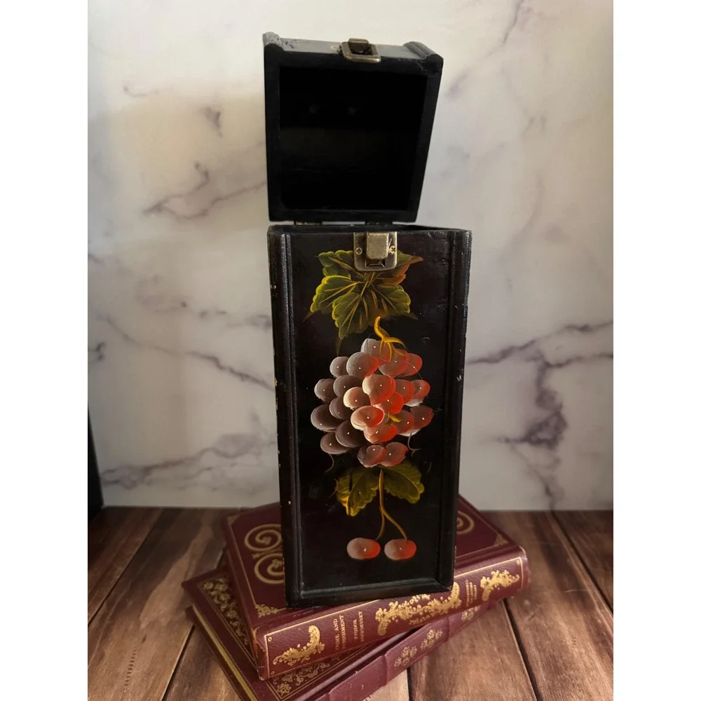 Z Gallerie Sorrento Hand Painted Grape Wine Box Black Wood Single Bottle Carrier